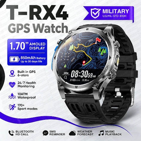 A silver and black T-RX4 GPS watch with a large 1.70-inch display, shown on a white background 
