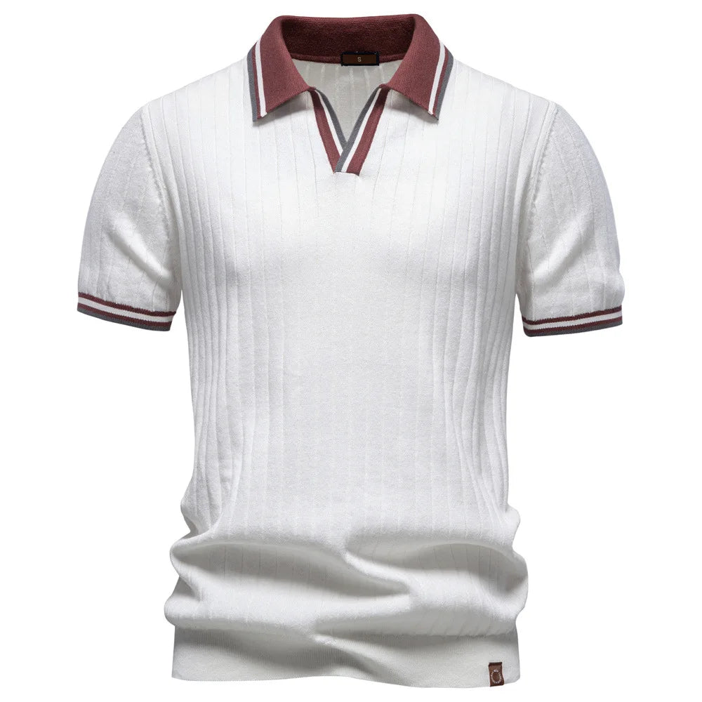 Men's Knitted Polo Shirt Summer Short Sleeve Striped Collar Casual Business Tops Brown With Striped Collar and Cuffs