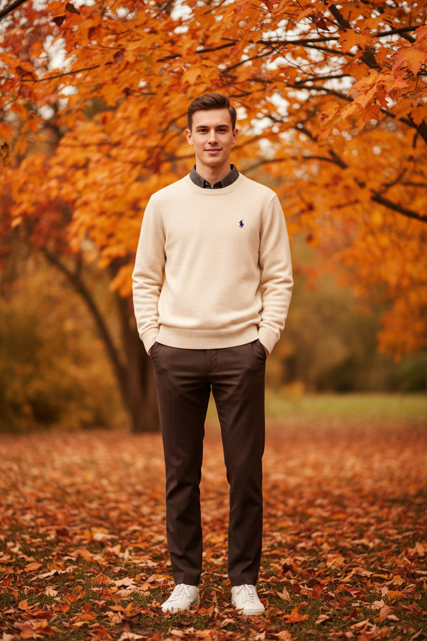 Beige sweater with a collar on a hanger against a light blue wall.