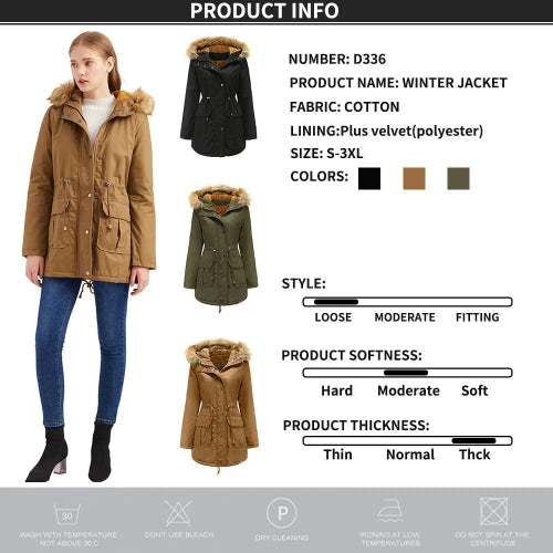 Product information graphic for a women's winter parka jacket, showing a model wearing a tan version on the left, three color variants (black, brown, olive green) on the right, 