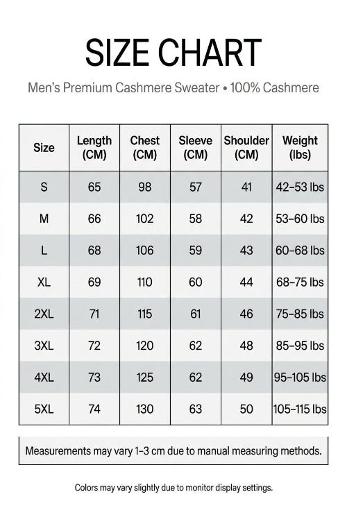Product information sheet for a men's cashmere coat with size reference chart.