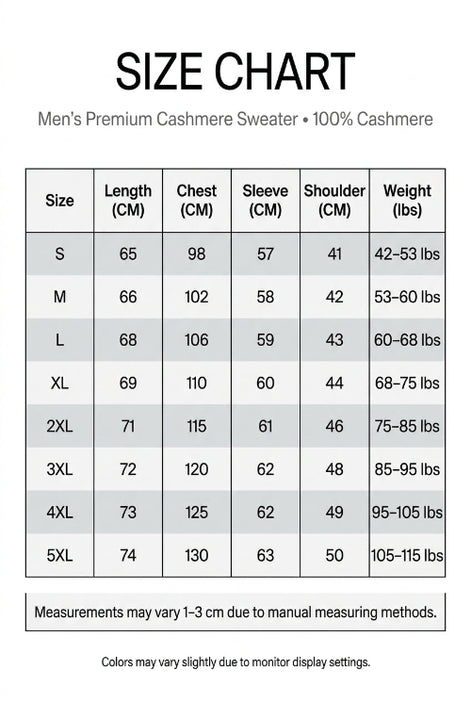 Product information sheet for a men's cashmere coat with size reference chart.
