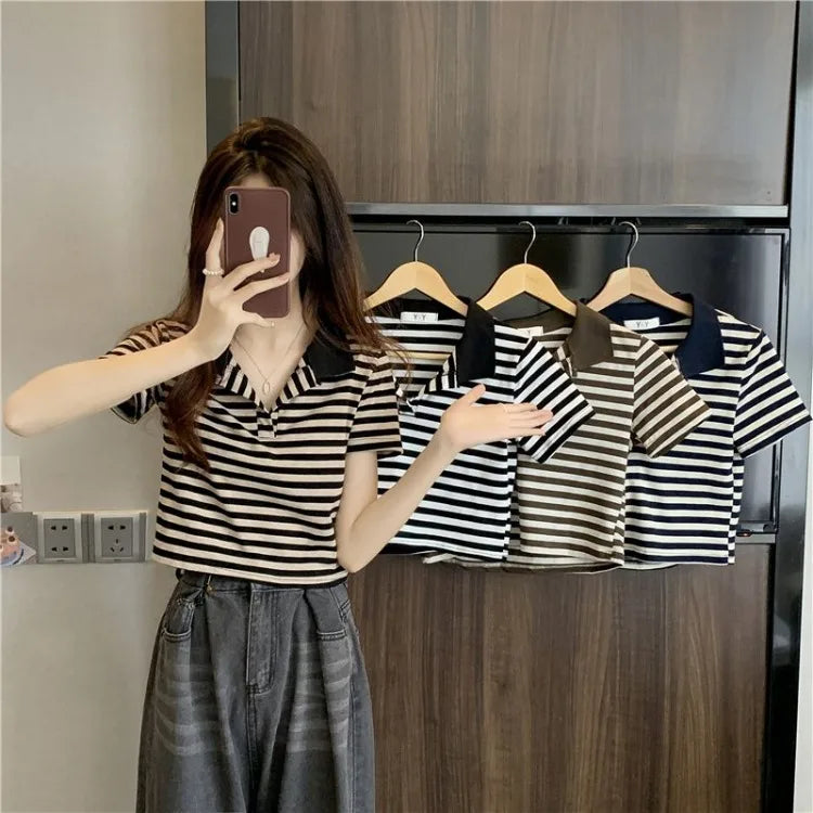 Chic V Neck Short Length Striped Short Sleeve Polo T Shirt For Women Summer 2026 New Niche Top