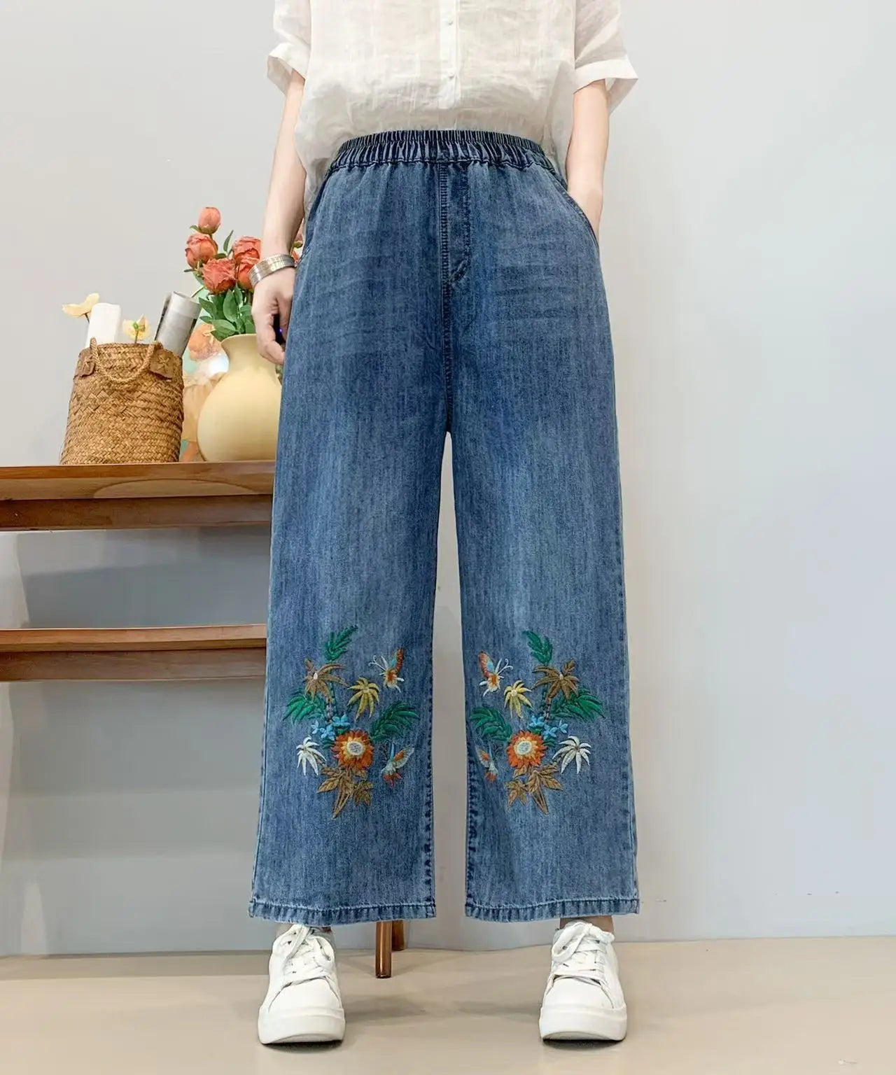 Spring Summer Ethnic Style Vintage Floral Embroidery Denim Wide Leg Pants Women High Elastic Waist Hole Casual Straight Jeans