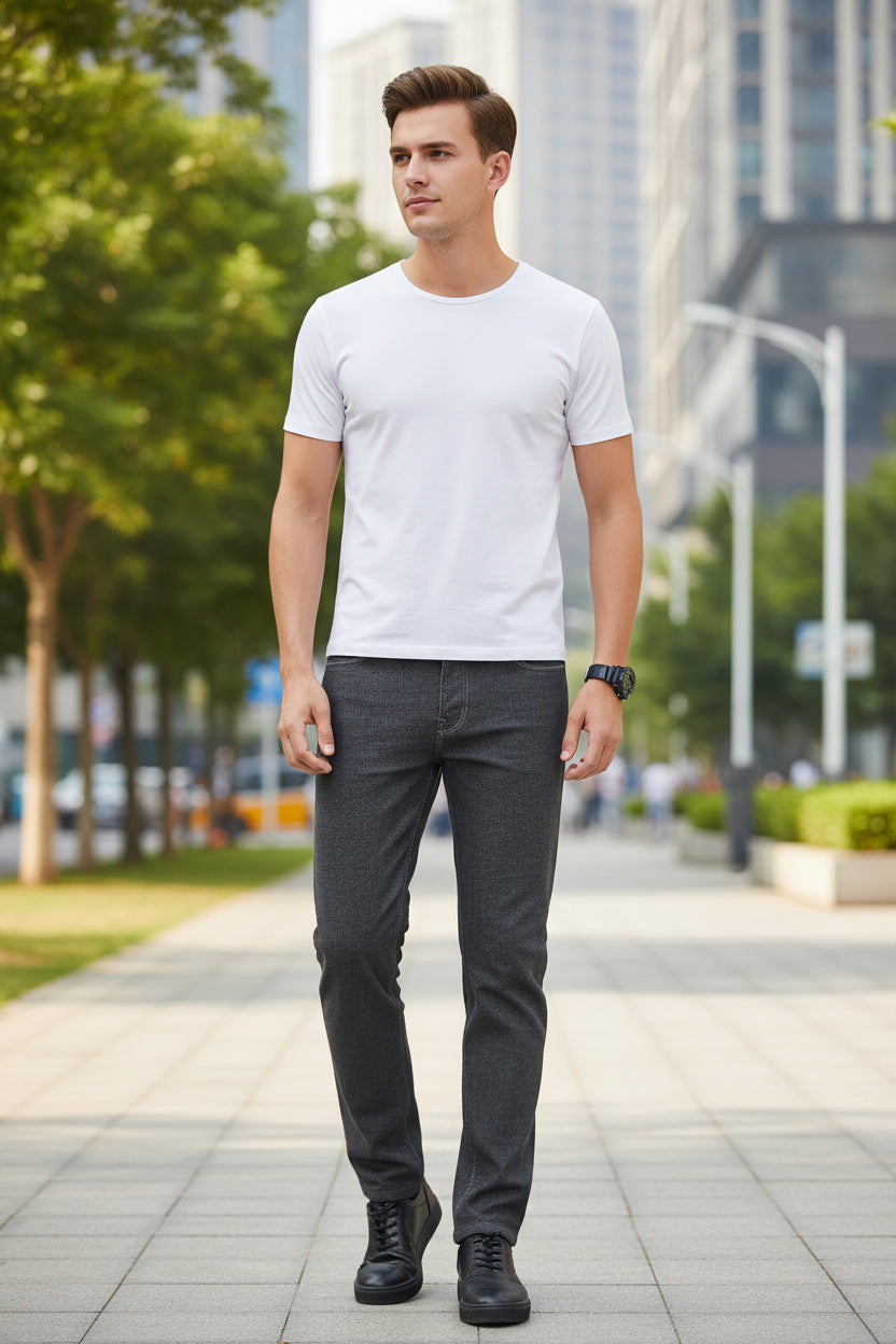 Person wearing gray jeans on a gray background
