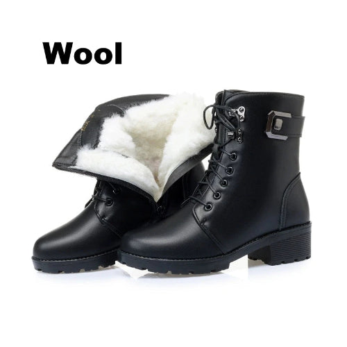 Black leather boots with white fur lining on a white background, labeled 'Wool'.