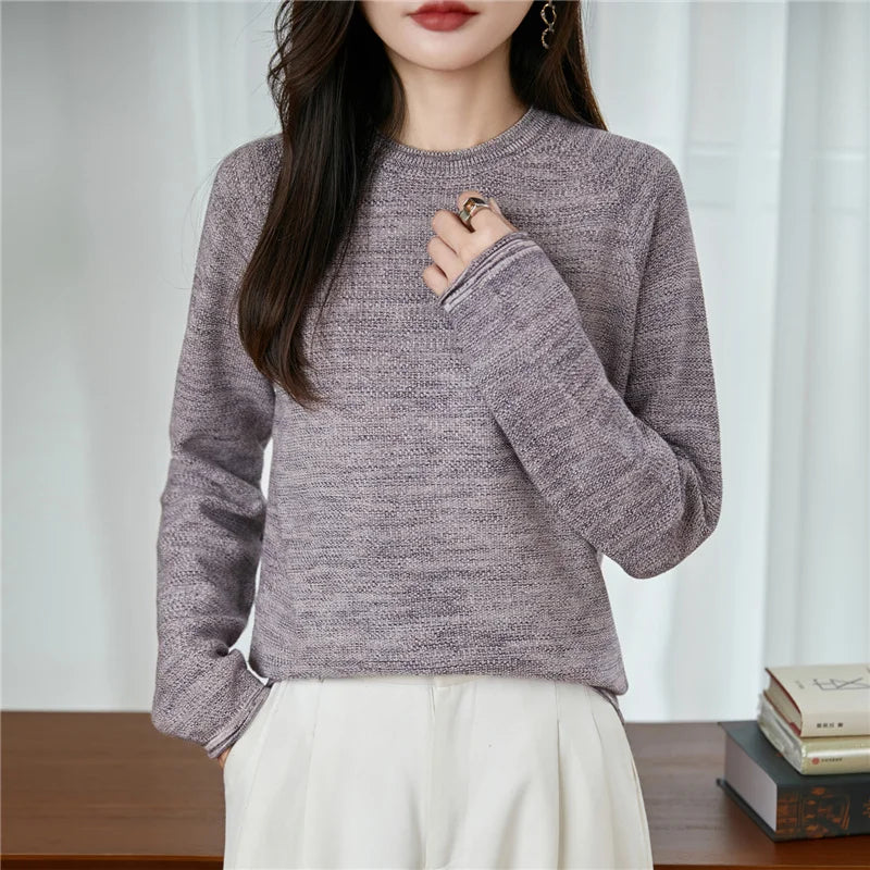100% pure cotton women's knitted sweater casual round neck pullover for autumn and winter new women's top loose and hot selling