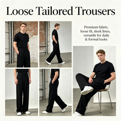 Promotional collage for loose tailored trousers showing black wide-leg pants