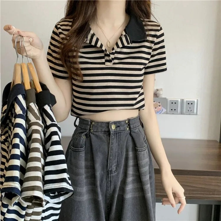 Chic V Neck Short Length Striped Short Sleeve Polo T Shirt For Women Summer 2026 New Niche Top