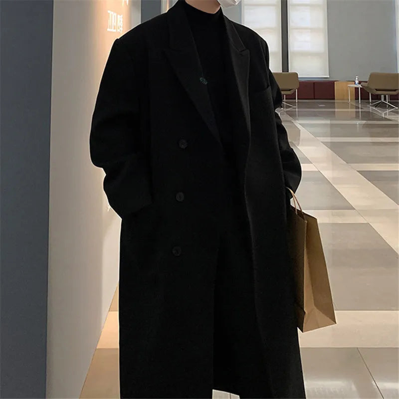 Autumn Winter Male Wool Blend Coats Fashion Long Business Casual Woolen Outwear Men Turn Down Collar Trench Coat Winbreaker Man