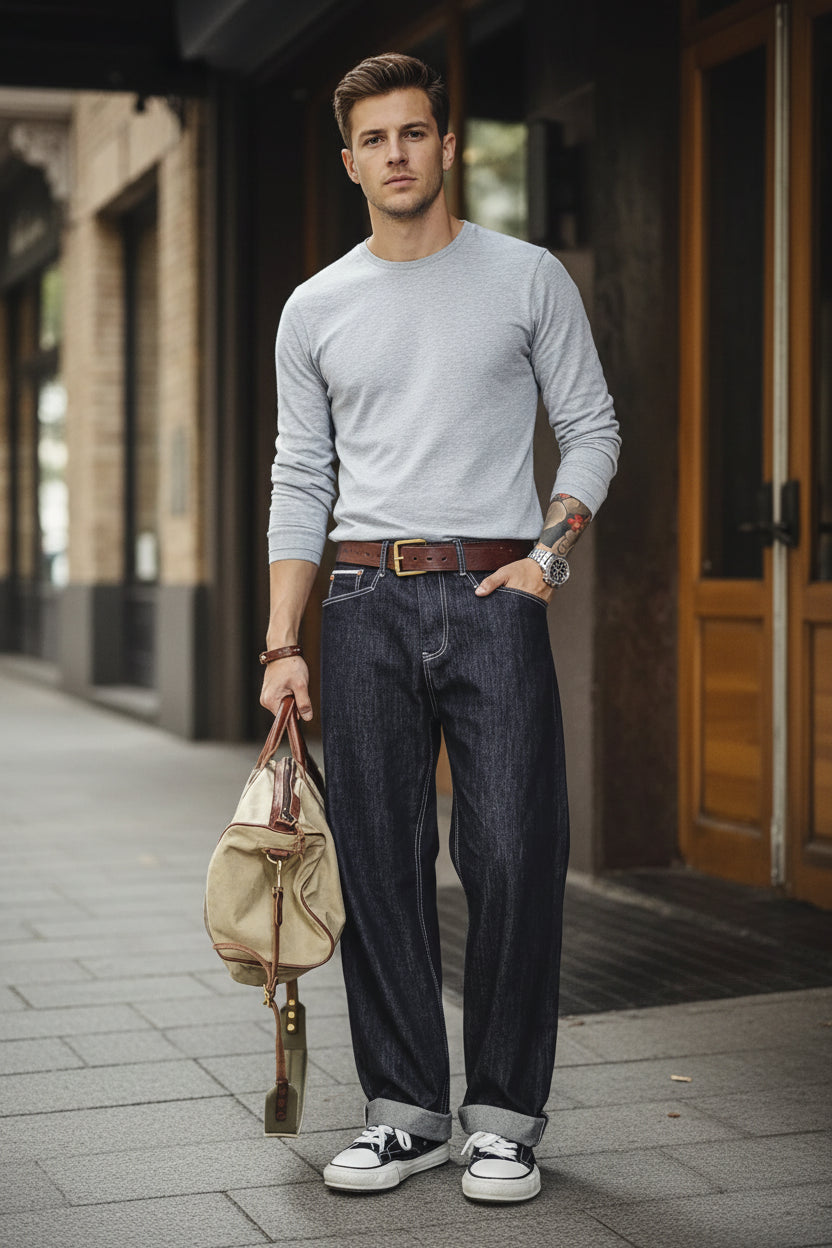 Person wearing blue jeans and a gray sweater, holding a beige handbag, standing in front of a wooden door.