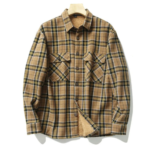 A long-sleeve plaid button-up shirt jacket in tan, brown, and black, featuring a soft fleece lining visible at the collar and hem, 