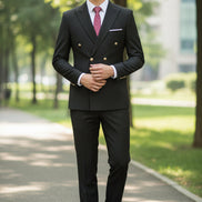 Black double-breasted jacket with gold buttons on a white background, featuring a red 'Only Jackets' logo.