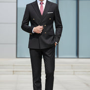 Black double-breasted jacket with gold buttons on a white background, featuring a red 'Only Jackets' logo.