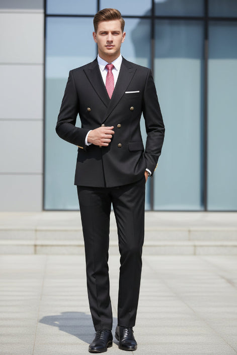 Black double-breasted jacket with gold buttons on a white background, featuring a red 'Only Jackets' logo.