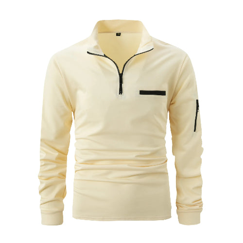 Beige long-sleeve shirt with a black zipper and pocket on a white background