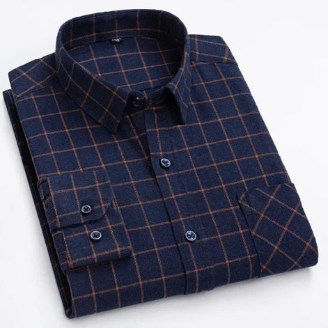 A folded long-sleeve plaid button-up shirt in dark navy blue with a thin brown grid pattern, shown on a clean white background.
