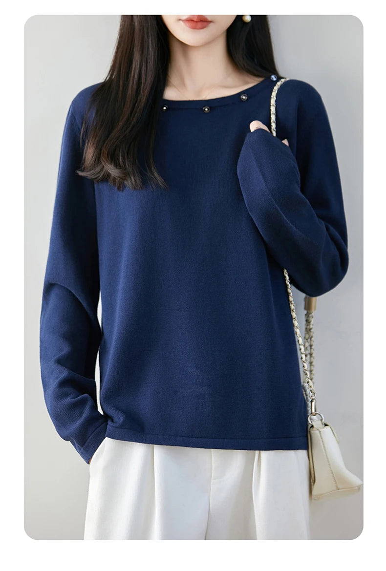 High end fashion 100% pure cotton women's sweater casual knitted round neck pullover autumn and winter solid color women's top