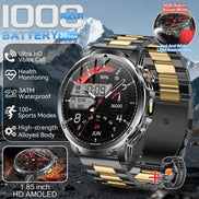 Smartwatch with gold and black band on mountain background, featuring battery life and feature text.