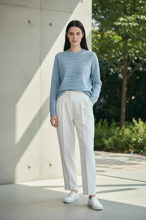 A woman wearing a light blue heathered knit long-sleeve sweater, shown 
