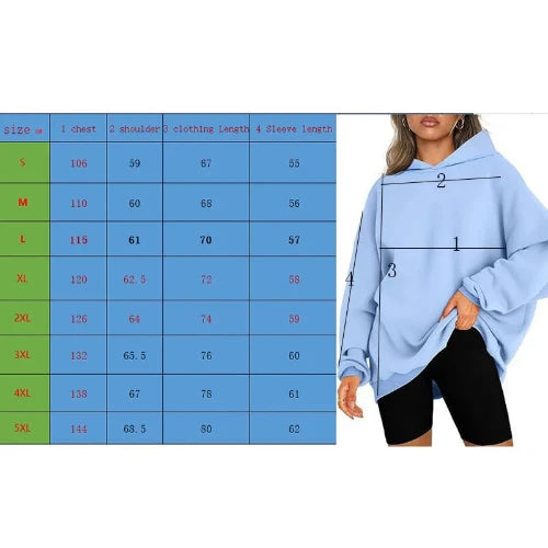 Measurement chart for clothing sizes with a person wearing a blue oversized hoodie.