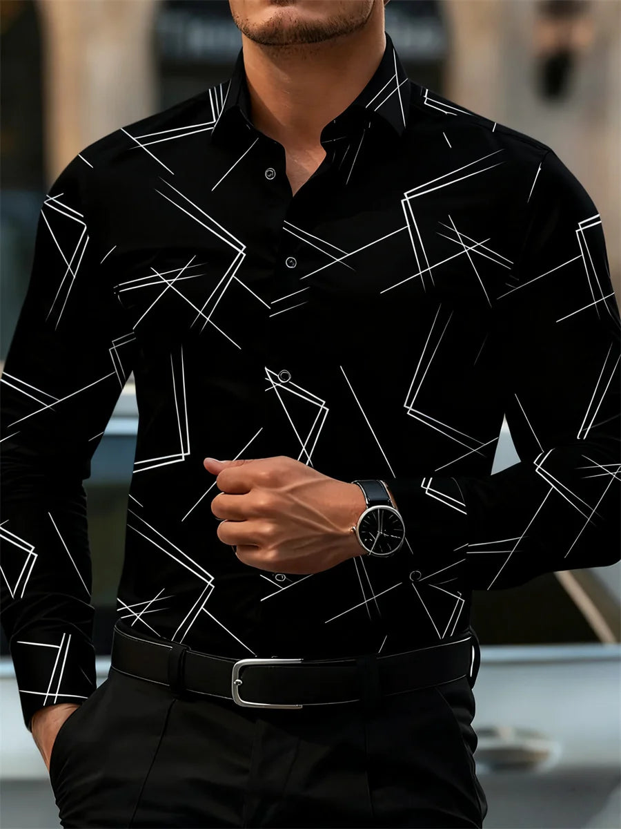 Men's Slim Fit Long-Sleeved Geometric Line Print Shirt - Non-Iron