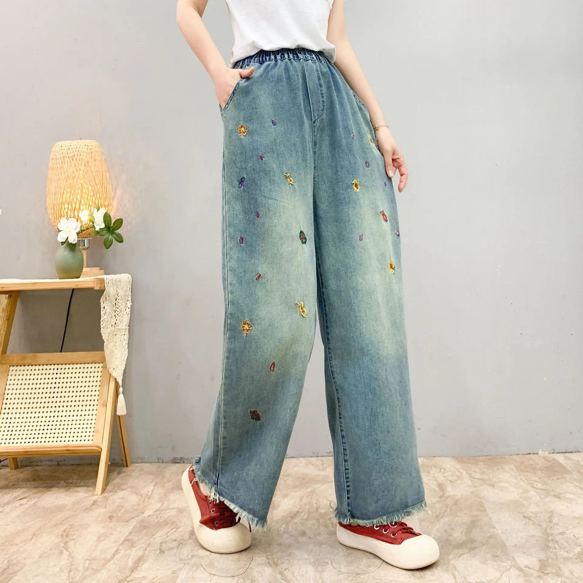 Spring Summer Ethnic Style Vintage Floral Embroidery Denim Wide Leg Pants Women High Elastic Waist Hole Casual Straight Jeans