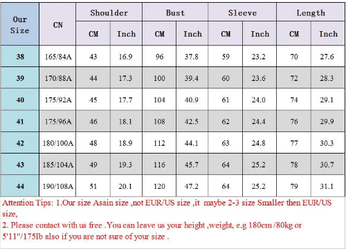 Size chart for clothing with measurements in centimeters and inches.