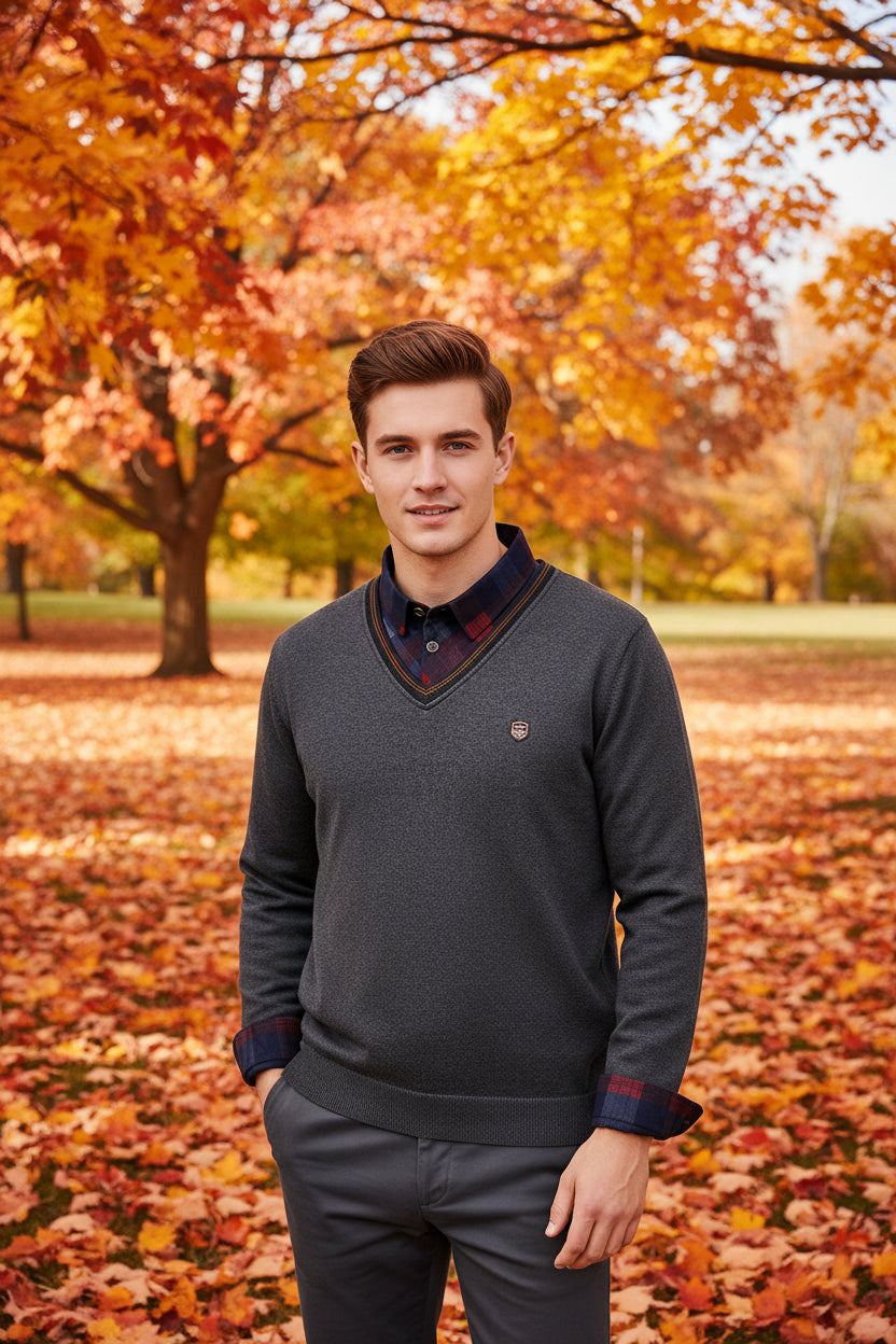 Blue sweater with plaid collar on a white background