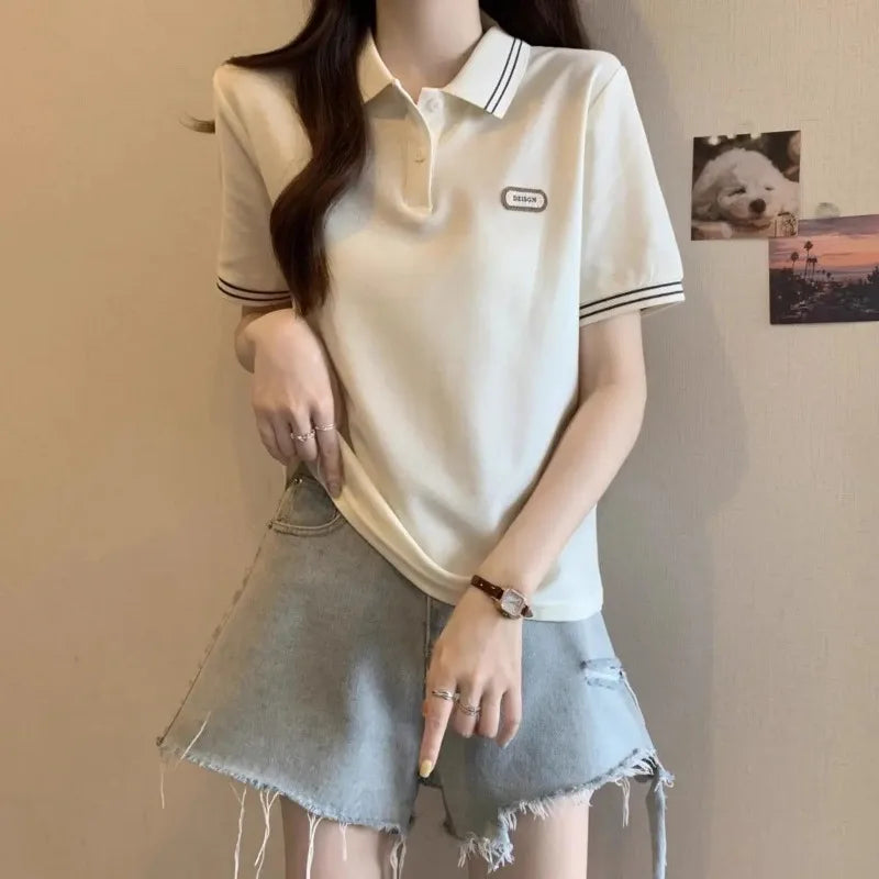 Baggy Female Tee Women's Polo Short Sleeve T-shirt Korean Clothing Youthful Elegant in Trend 2025 Sales Youth Aesthetic T-shirts