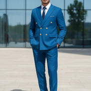 Blue suit with gold buttons on a white background