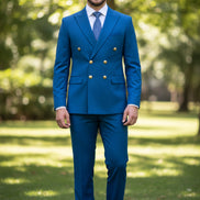 Blue suit with gold buttons on a white background