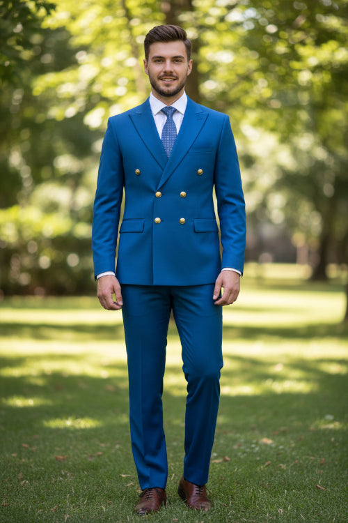 Blue suit with gold buttons on a white background