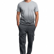 Person wearing gray cargo pants on a white background