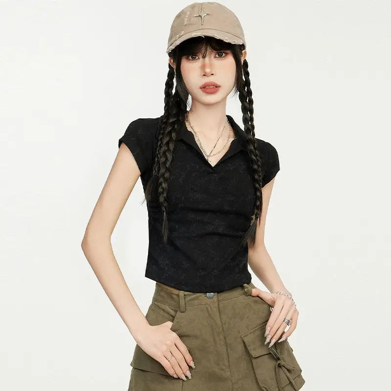 Women American V Neck Polo Collar Tie Dye T Shirt Summer Short Sleeve Slim Waist Cropped Casual Top