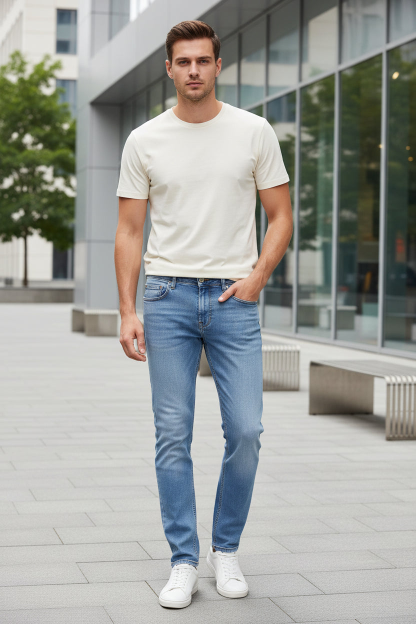 Light blue denim jeans folded to show the back pocket and waistband, with a tan leather patch reading FASHION JEANS. A circular inset at the bottom right shows a close-up of the soft elastic fabric.