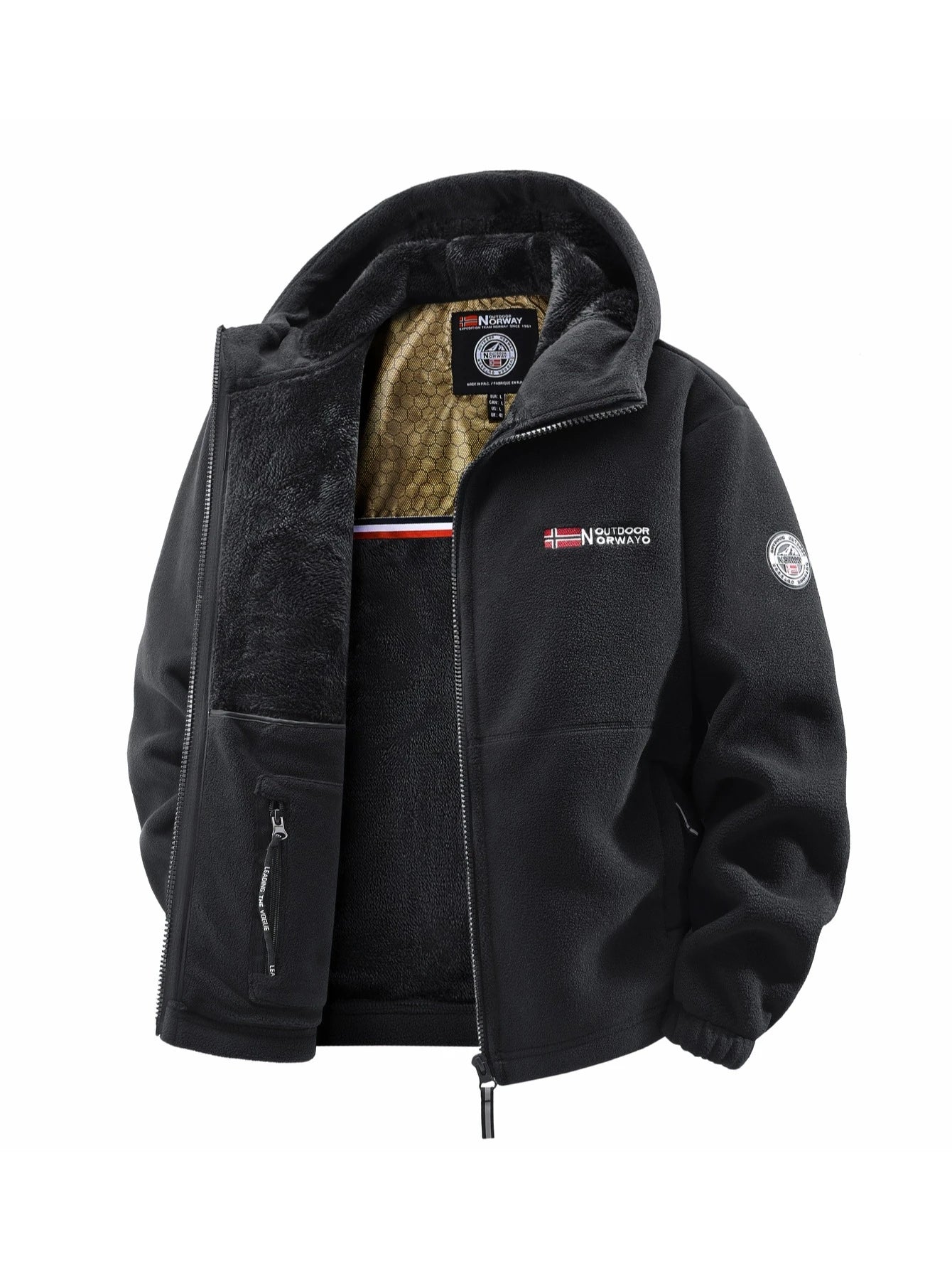 Black jacket with visible branding on a white background