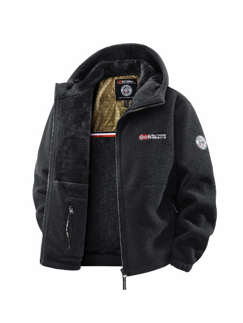 Black jacket with visible branding on a white background
