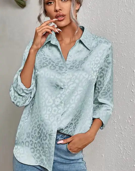 Women Leopard Print Luxury Blouse Spring Summer Long Sleeve Lapen Vintage Button Up Shirt Office Lady Satin Tunics Harajuku Top