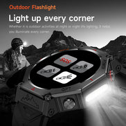 Outdoor flashlight with digital display and buttons, featuring a mountainous landscape background.