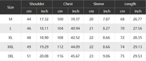 A size chart table showing measurements for clothing, with columns for Size, Shoulder, Chest, Sleeve, and Length, and rows for M, L, XL, XXL, and 3XL in centimeters and inches.