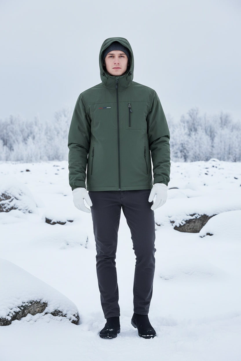 Green jacket with a hood on a white background