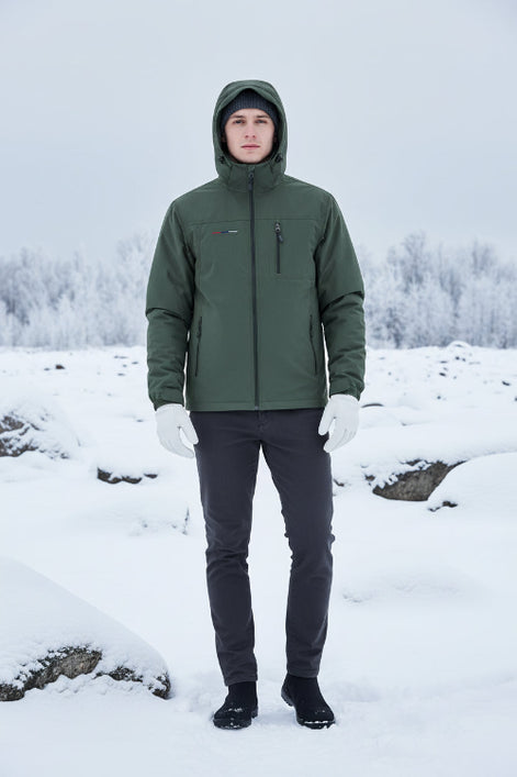 Green jacket with a hood on a white background