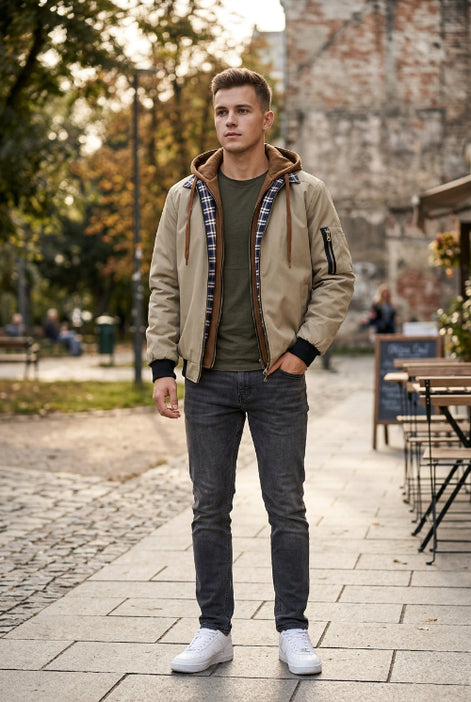 Beige jacket with plaid lining and brown hood on a white background