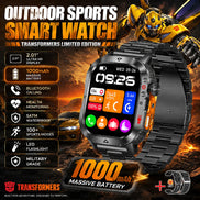 A black smartwatch with a metal link band and a colorful digital display, shown prominently on a Transformers-themed promotional background. 