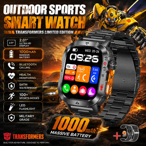 A black smartwatch with a metal link band and a colorful digital display, shown prominently on a Transformers-themed promotional background. 