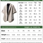 A size chart and measurement table for a women's short-sleeve beige vest or jacket, showing bust size, sleeve length, 