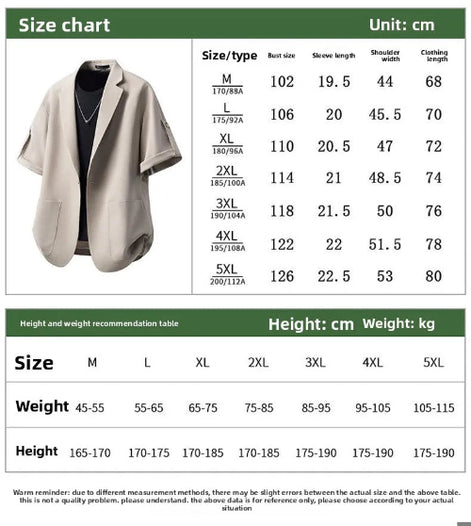 A size chart and measurement table for a women's short-sleeve beige vest or jacket, showing bust size, sleeve length, 