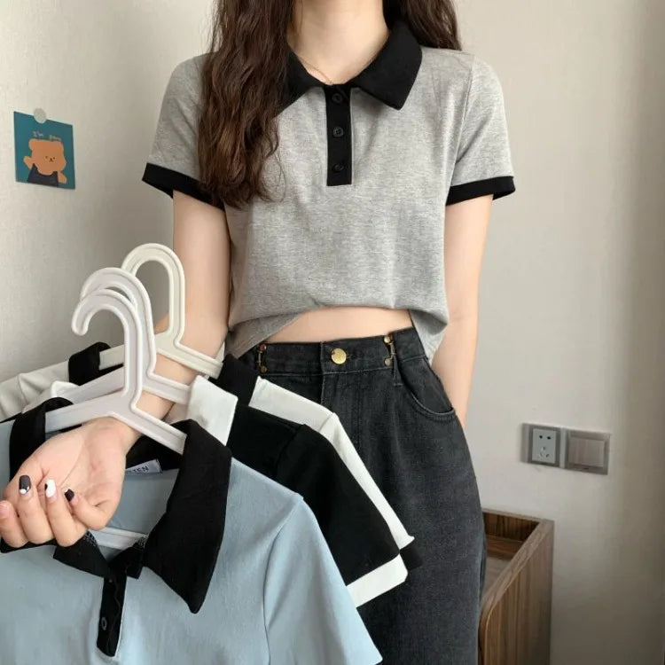 Summer 2026 Women New Arrival Slim Fit Versatile Polo Collar Color Block Short T Shirt Short Sleeve Unique Top Ins Trendy