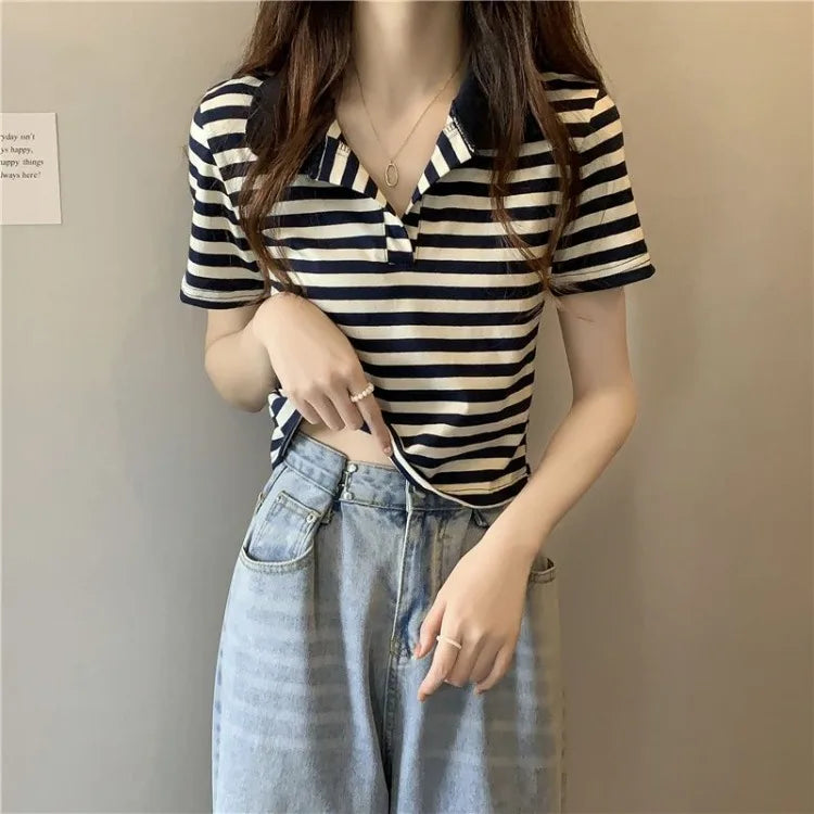 Chic V Neck Short Length Striped Short Sleeve Polo T Shirt For Women Summer 2026 New Niche Top